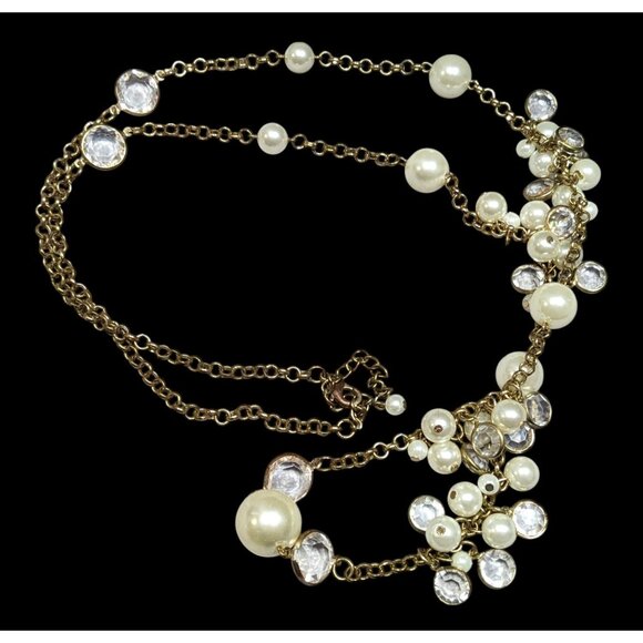 Elegant Glam Faux Pearl Cluster Gold Tone Opera Necklace - Picture 1 of 8